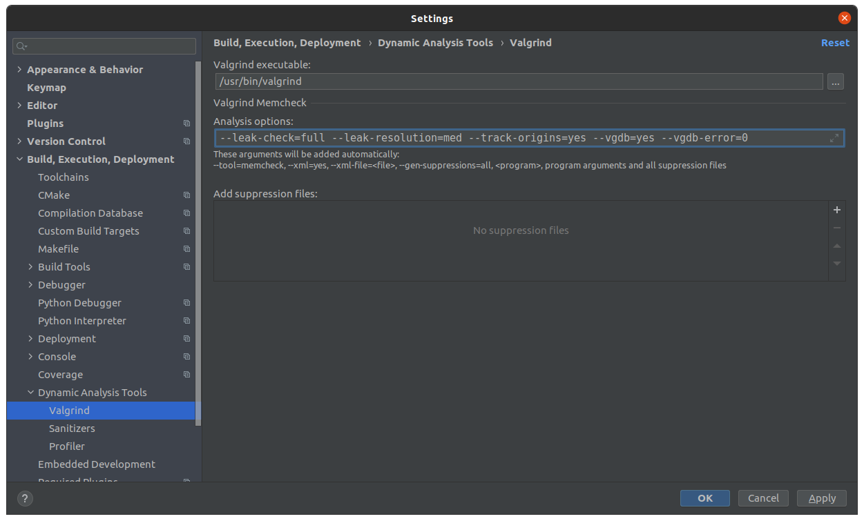 Configuring Valgrind on CLion